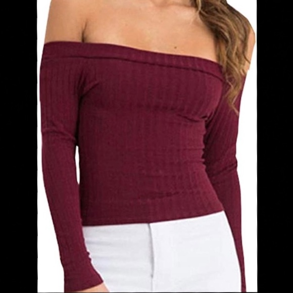Artfish Tops - NWOT Women Off Shoulder Long Sleeve Rib-Knit Crop Top Slim Fit Tee